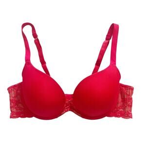 Cacique Quarterly Lace Plunge Bra 42C Underwire Padded Adjustable Strap Red